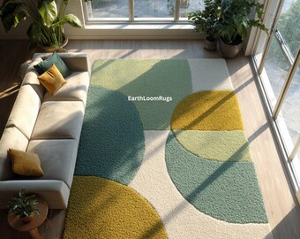 Sage Green Rectangle Living Room Rug | Geometric Abstract Hand Tufted Wool Area Rug
