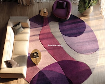 Purple Abstract Round Rug | Hand Tufted Wool Pink Plum Geometric Area Rug