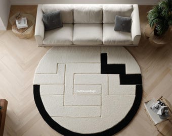 Rund geometrisk matta | Svart elfenbensvit ullmatta | Handtuftad modern minimalistisk cirkelmatta