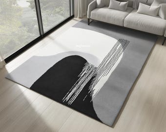 Alfombra rectangular blanca y negra para sala de estar / Alfombra abstracta minimalista de lana tejida a mano