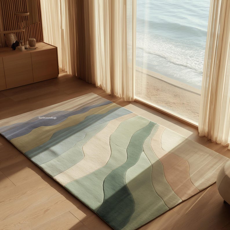 Hand Tufted Wool Area Rug | Coastal Wave Living Room | Seafoam Green ...
