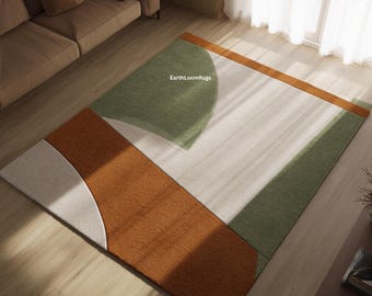 Modern Abstract Geometric Rug in Sage Green & Terracotta | Minimalist Area Carpet for Living Room Decor