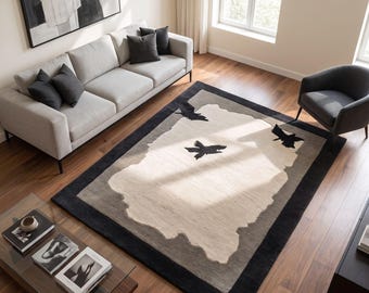 Abstract Bird Rug, Black Ivory Area Rug, Modern Hand Tufted Wool Carpet