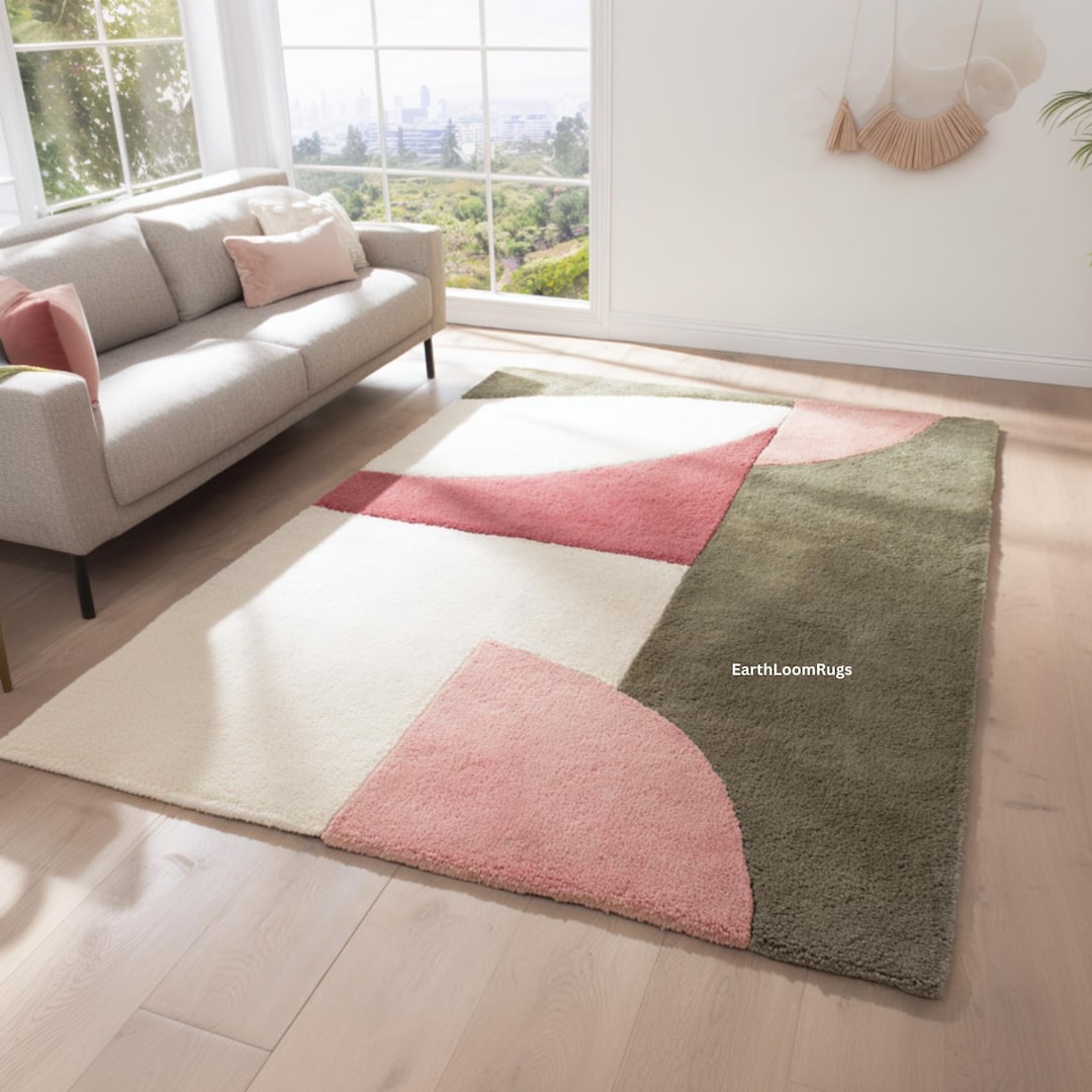 Soft Pastel Abstract Rug | Blush Pink Sage Green | Modern Geometric ...