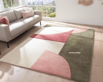 Blush Pink Abstract Rug | Handmade Wool Geometric Area Rug for Living Room Decor