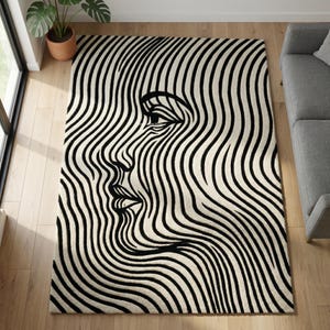 Optical Face Illusion Rug | Black & White Line Art Area Carpet