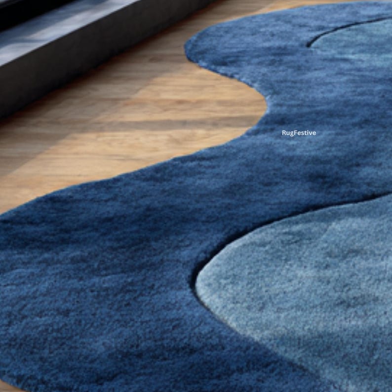 Blue Wavy Pattern Rug Blue Wave Rug | Ocean-inspired Hand Tufted Wool Carpet | Modern ...