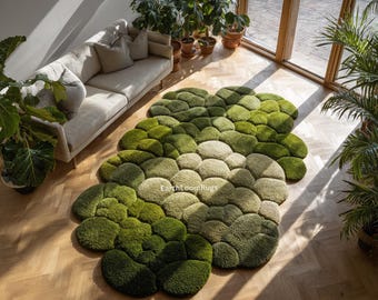 Hand Tufted Wool Moss Pebble Rug, Forest Floor Decor, Organic Green Carpet