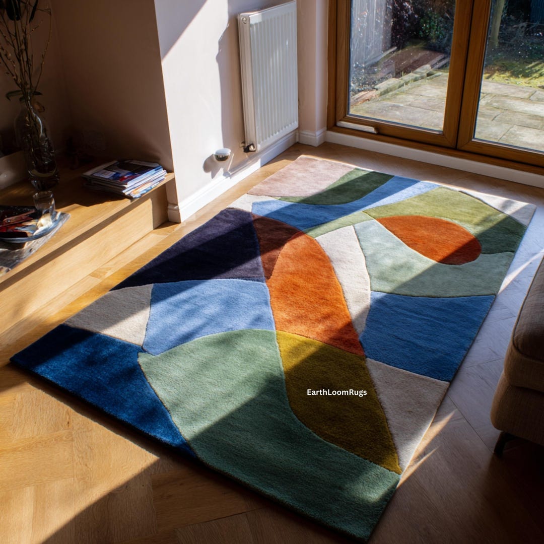 Geometric Wool Area Rug | Blue, Sage Green Multicolor Rug for Living ...