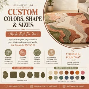 Może przedstawiać: Prostokątny dywan z falistym, wielokolorowym wzorem w odcieniach terakoty, szałwiowej zieleni i kremu. Tekst zawiera: CUSTOM COLORS, SHAPES & SIZES, Made Just For You, You Dream It, We Tuft It, YOUR RUG, YOUR WAY i inne.
