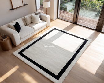 Alfombra minimalista con borde / Alfombra moderna de lana en blanco y negro / Alfombra escandinava para sala de estar con mechones hechos a mano