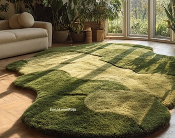 Green Moss Wool Rug | Hand-Tufted Irregular Shape, Living Room Decor