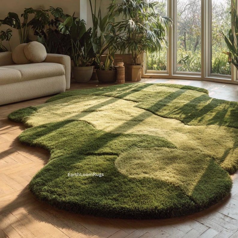 Green Moss Wool Rug | Hand-tufted Irregular Shape, Botanical Decor - Etsy