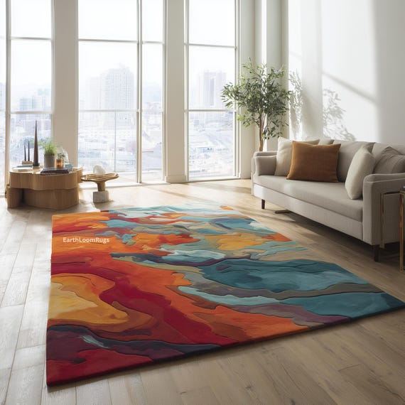 Red, Orange & Blue Colorful Rug For Geometric Wool Hand Tufted Custom Living Room Area