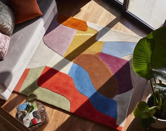 Colorful Abstract Rug, Hand Tufted Wool Area Rug, Modern Geometric Multicolor Decor