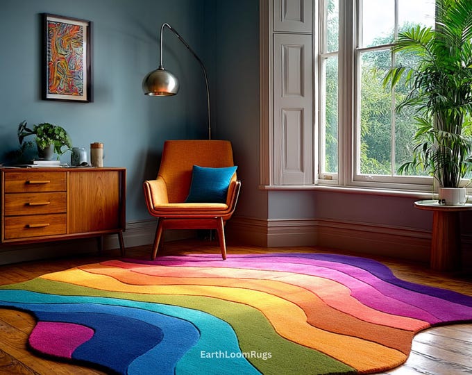 Hand Tufted Rainbow Wave Wool Rug, Abstract Organic Shape, Modern Home Decor