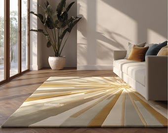 Hand Tufted Wool Sunburst Rug | Beige Mustard, Modern Design