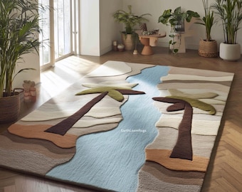 Hand-Tufted Wool Palm Tree Rug, Tropical Island Oasis Carpet
