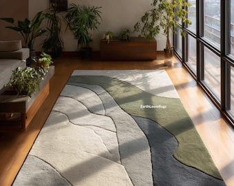 Hand Tufted Wool Rug | Abstract Landscape, Sage Green, Gray, Ivory, Modern Organic Decor