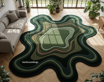 Green Topographic Rug | Abstract Irregular Shaped Carpet | LIving Room