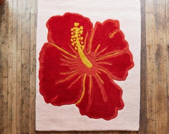 Hand Tufted Hibiscus Wool Rug | Tropical Floral Home Decor Custom Size