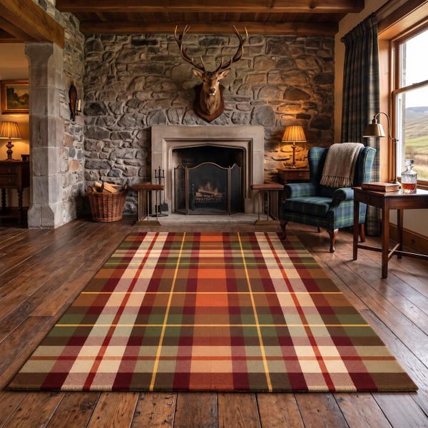 May include: A rectangular area rug featuring a multi-colored plaid pattern in shades of orange, deep red, olive green, and cream with thin yellow accent lines, laid out on a dark wood floor in a room with a stone fireplace and wood trim.