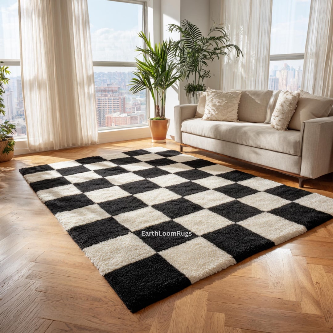 Black & Cream Checkerboard Rug | Chessboard Living Room Area - Etsy