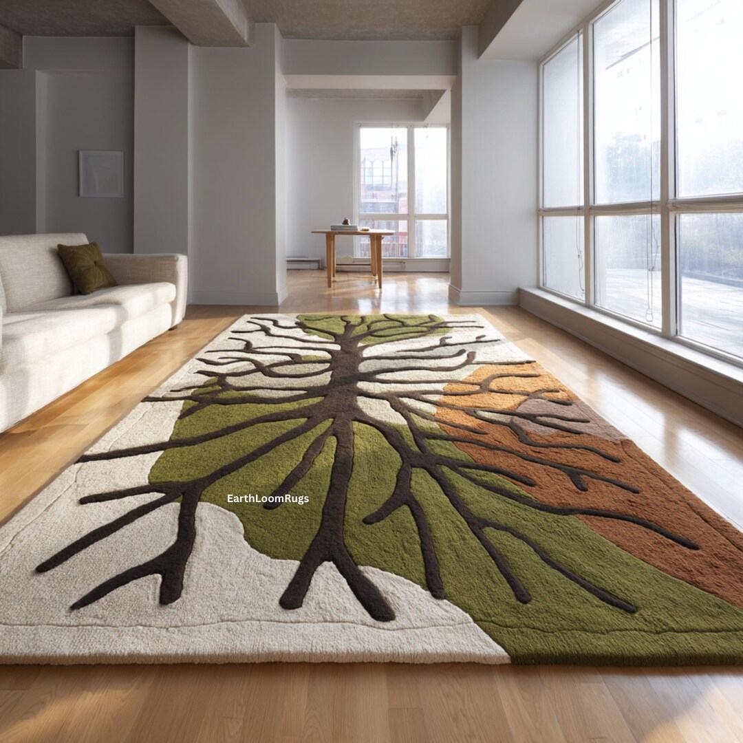 Tree of Life Wool Rug | Nature Inspired Rectangle Area Rug for Living ...