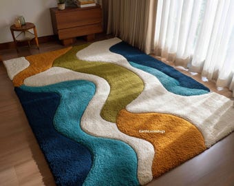 Hand Tufted Wool Rug | Teal Navy Mustard Abstract Organic Area Rug