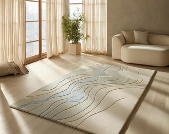 Alfombra abstracta de lana tejida a mano / Diseño topográfico 3D Marfil, Azul salvia