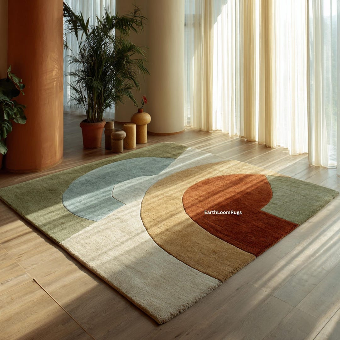 Textile Rug Earthy Abstract Arch Shape Rug | Earthy Sage Green & Beige Terracotta Modern ...