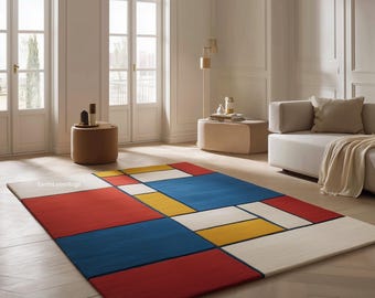 Handgemaakt getuft wollen vloerkleed: rood, blauw en geel geometrisch tapijt