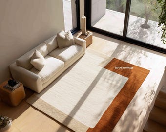 Minimalistyczny dywan | Rust Orange & Cream, nowoczesny geometryczny wzór do salonu z ręcznie tuftowanej wełny