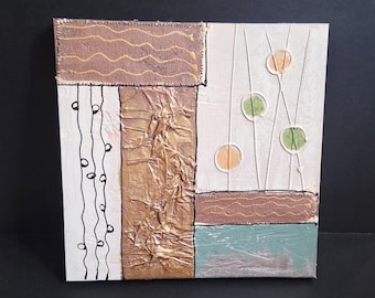 Peinture originale sur toile texturée, technique mixte, art mural abstrait moderne aux tons terreux, collage géométrique 3D en plâtre et feuille d'or, style organique