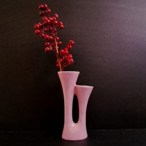 Vintage Pink Double Vase, 1960s Atomic Ceramic Bud Vase, Mid Century Modern Sculptural Pottery, Space Age Home Decor