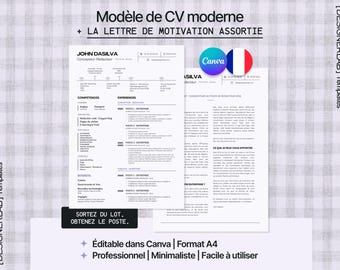 May include: A modern CV template and cover letter in French. The design includes the text "Modèle de CV moderne + LA LETTRE DE MOTIVATION ASSORTIE" and "JOHN DASILVA". The Canva logo and French flag are also visible. The template is editable in Canva.