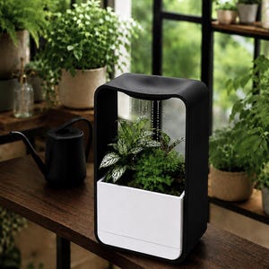 以下が含まれることがあります： 黒と白の室内用植物給水システム。湾曲した黒いフレームの中に白い長方形のプランターベースが収められています。フレームの上部には貯水タンクがあり、プランター内の緑の植物に水が滴り落ちる仕組みになっています。