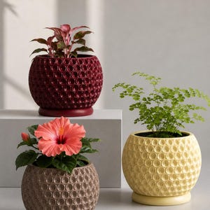 Textured Dimple 3D Printed Planter Pot, Scandinavian Style Indoor Plant Pot with Drainage Tray
