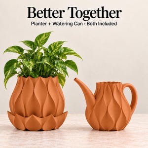 Lotus Flower Planter and Watering Can Set, Sculptural Indoor Decor