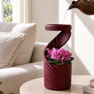 May include: A deep red, cylindrical planter with a spiralling, textured exterior design that features an integrated upper basin. A small, vibrant pink flowering plant sits within the base, while water flows from a pitcher into the top basin.