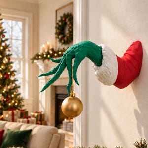 Peut inclure: Une sculpture décorative murale représentant une main verte texturée aux longs doigts sortant d'une manche rouge avec un revers en fourrure blanche. La main est positionnée pour tenir une boule de Noël sphérique dorée et mate.