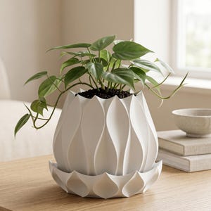 Lotusbloembak met opvangbak, moderne kamerplantpot, sculpturale bloempot, sappige plantenbak, 3D-geprinte plantenbak, kamerplantcadeau