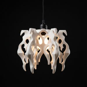 May include: A white, sculptural pendant light fixture with an intricate, organic design. The light has a complex, openwork structure with multiple curved elements and a central light source. The fixture hangs from a black cord against a black background.