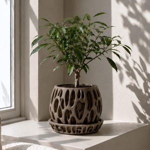 Vaso da interno scultoreo con vassoio di drenaggio, vaso traforato per piante d'appartamento