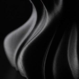 May include: A close-up, high-contrast photograph of a dark, textured, abstract form. The object has a series of curved, wave-like ridges that create shadows and highlights. The overall effect is a dramatic, sculptural appearance, with a focus on texture and form.