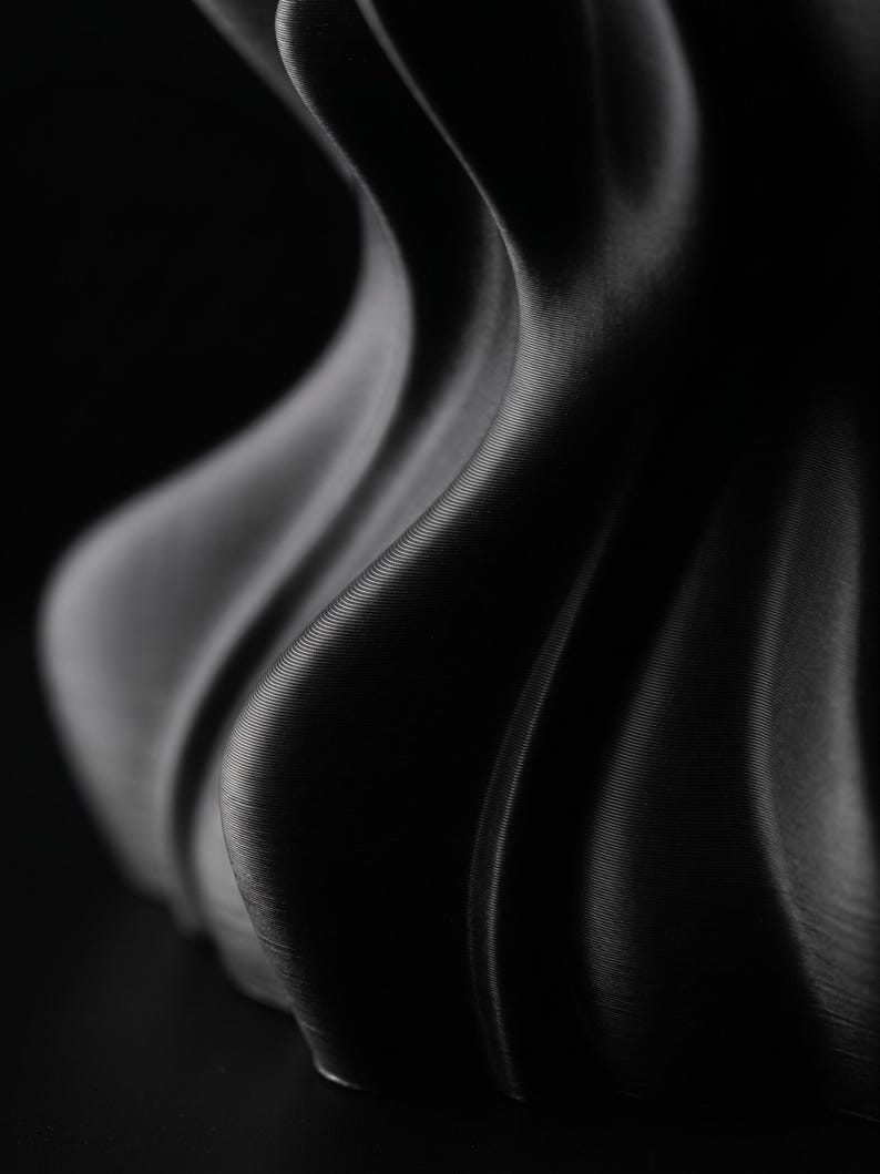 May include: A close-up, high-contrast photograph of a dark, textured, abstract form. The object has a series of curved, wave-like ridges that create shadows and highlights. The overall effect is a dramatic, sculptural appearance, with a focus on texture and form.