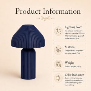 May include: A dark blue table lamp with a ribbed, mushroom-shaped shade and a cylindrical base. Text includes Product Information, Lighting Note: white LED bulb creates blue ambient glow, Material: 3D printed bio-plastic PLA, Weight: 405 g, and Color Disclaimer.