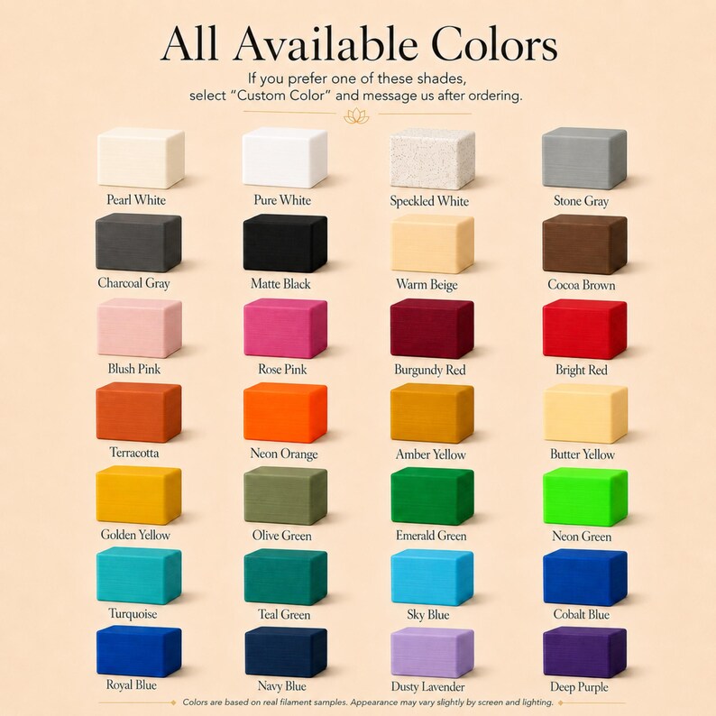 K&ouml;nnte beinhalten: Eine Farbkarte mit achtundzwanzig rechteckigen Bl&ouml;cken in verschiedenen Farbt&ouml;nen, darunter Pearl White, Pure White, Speckled White, Stone Gray, Charcoal Gray, Matte Black, Warm Beige, Cocoa Brown, Blush Pink, Rose Pink, Burgundy Red, Bright Red, Terracotta, Neon Orange, Amber Yellow, Butter Yellow, Golden Yellow, Olive Green, Emerald Green, Neon Green, Turquoise, Teal Green, Sky Blue, Cobalt Blue, Royal Blue, Navy Blue, Dusty Lavender und Deep Purple.