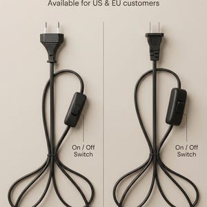 May include: Image showing two black power cords with different plug types. The left cord is labeled "EU Plug (220-240V)" and the right cord is labeled "US Plug (110-120V)". Both cords have an on/off switch.