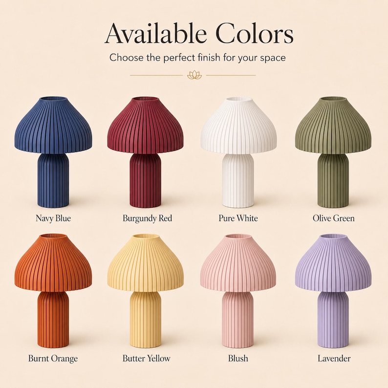 May include: Eight mushroom-shaped table lamps with vertical ribbed textures, displayed in navy blue, burgundy red, pure white, olive green, burnt orange, butter yellow, blush, and lavender. The text reads Available Colors and Choose the perfect finish.